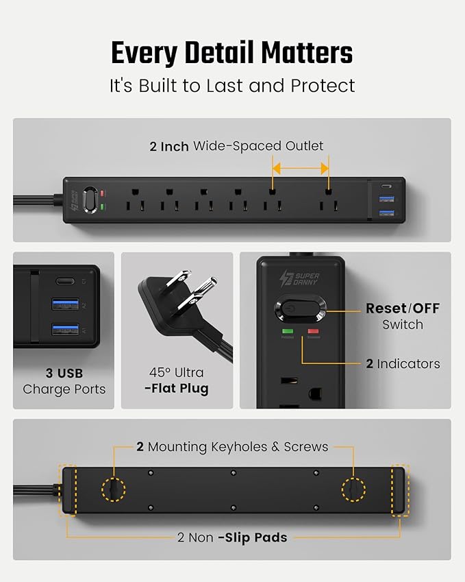 Black Long Extension Cord 20Ft, SUPERDANNY Flat Plug Surge Protector Power Strip with 6 Outlets & 3 USB Ports, Power Bar for Home Office, Dorm Room