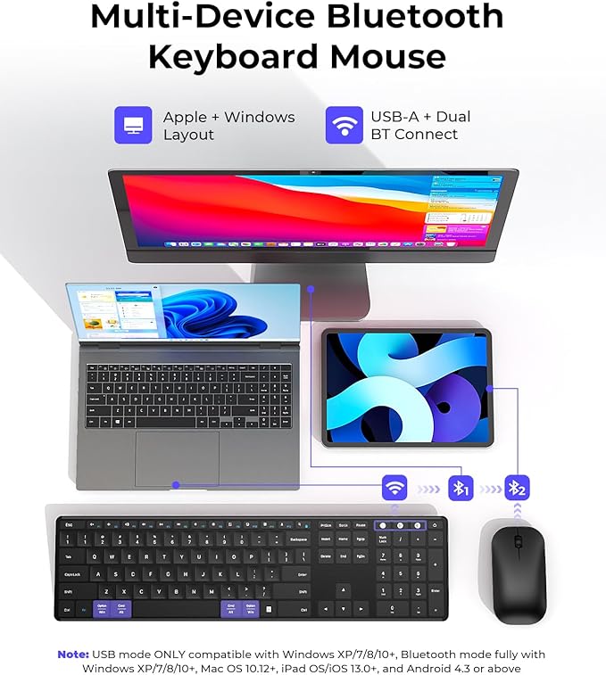 seenda Wireless Bluetooth Keyboard and Mouse Combo, SKM64-3 Rechargeable Slim Quiet Keyboard Mouse, 3 Multi-Device Connection, Compatible for Windows, Mac, MacBook, iPad, Tablet, Black