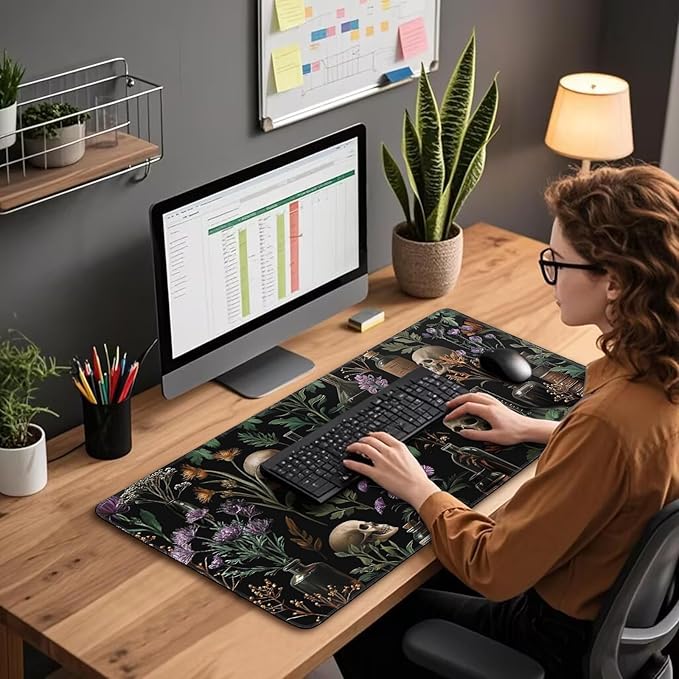 Large Gaming Mouse Pad 31.5x15.7 Inch, XXL Mousepad with Non-Slip Rubber Base & Stitched Edges, Extended Desk Mat for Computer/Laptop/Office/Home Goth Floral Black Mystical