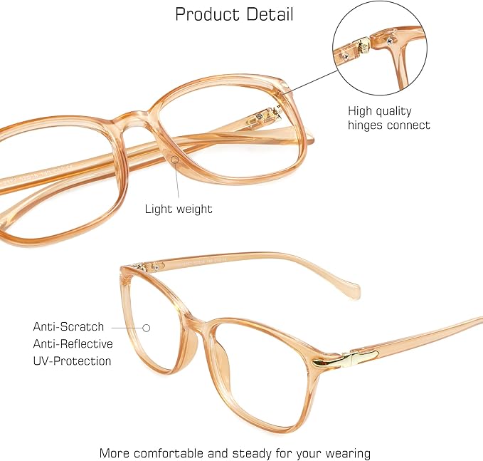 VisionGlobal Blue Light Blocking Glasses for Women Men, Stylish Square Frame(Champagne,No Magnification)