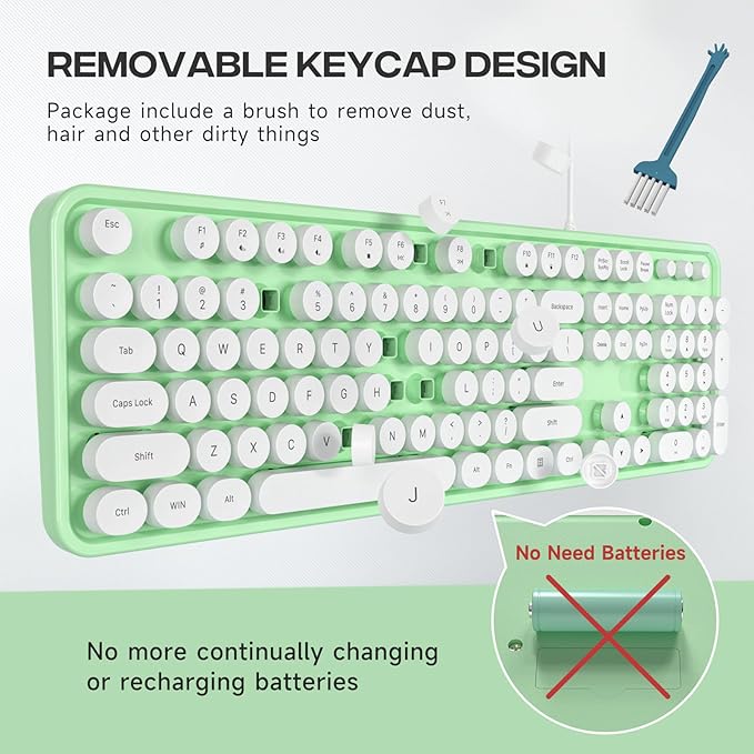 Computer Keyboard Wired, Plug and Play USB Retro Round Typewriter Keyboard, Full Size Wired Keyboard with Foldable Stands for Laptop and Office PC- Green&White Colorful