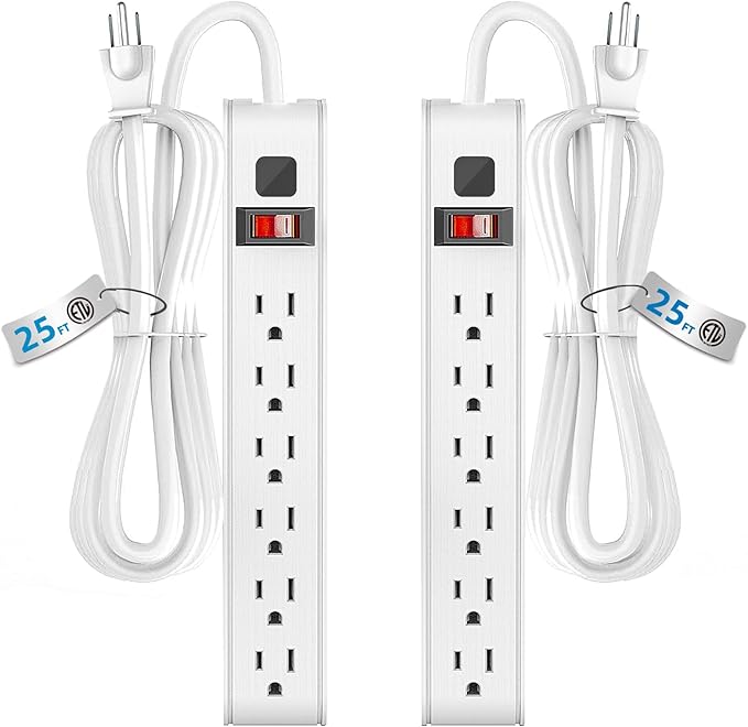 TiFFCOFiO Surge Protector Power Strip, 25 Feet Extension Cord, 600 Joules Surge Protection, Multiple Protection 6 Outlet Strip, 14 AWG Cord, 15A/1875W, ETL Listed (2 Packs, 25 FT)