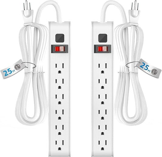 TiFFCOFiO Surge Protector Power Strip, 25 Feet Extension Cord, 600 Joules Surge Protection, Multiple Protection 6 Outlet Strip, 14 AWG Cord, 15A/1875W, ETL Listed (2 Packs, 25 FT)