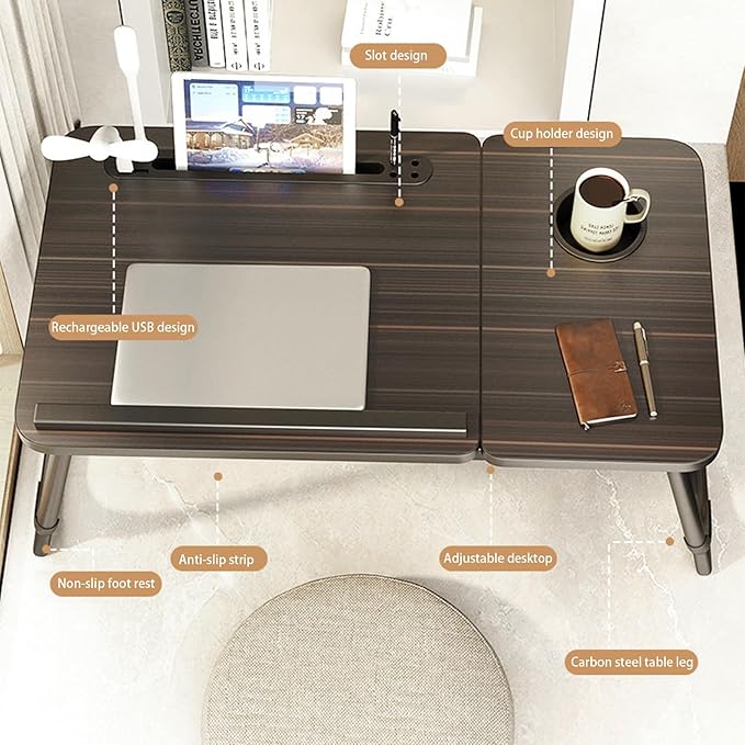 Laptop Desk for Bed, Adjustable Laptop Stand with 5 Different Angles, Portable Lap Tray Table with USB Charge Port and Cup Holder, Laptop Bed Desk Tray for Eating Working Writing (Black)