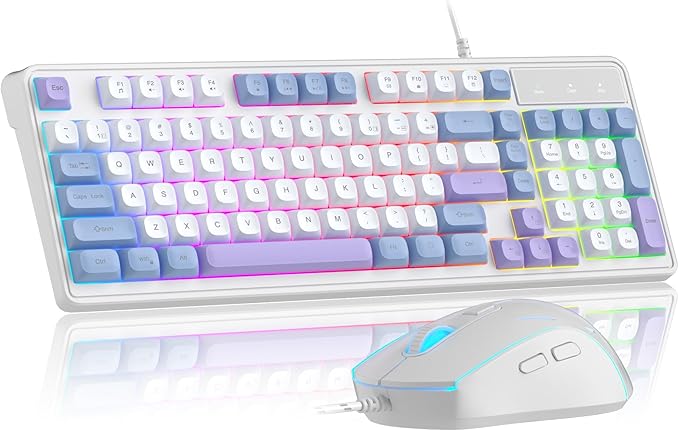 Camiysn Wire Gaming Keyboard, 7 Colorful Rainbow Backlight Classic Gaming Keyboard (BlueWhite-Set)