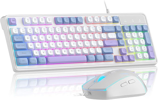 Camiysn Wire Gaming Keyboard, 7 Colorful Rainbow Backlight Classic Gaming Keyboard (BlueWhite-Set)