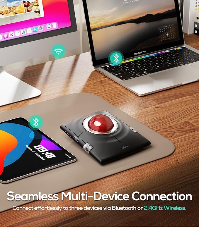Nulea M512 Wireless Trackball Mouse, Ergonomic 55mm Trackball, 4 Level Adjustable DPI for Precise Control, Left or Right Hand Compatible, Rechargeable, Multi-Device Bluetooth & 2.4GHz for PC, Laptop