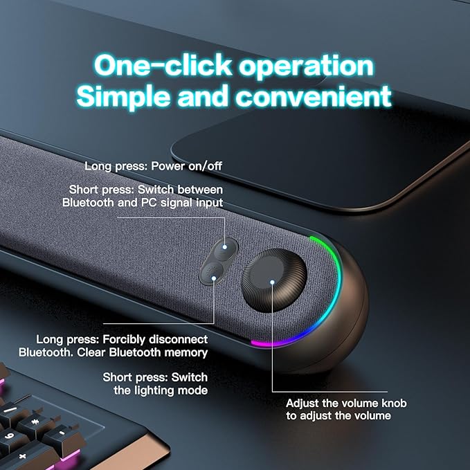 Desktop Computer Speakers, Stereo Soundbar, Bluetooth 5.3, USB/Type-C Power and Audio Transmission, Plug-and-Play, Compatible with PC, Mac, Laptops, Monitors, RGB Lighting, Wired Gaming Speakers