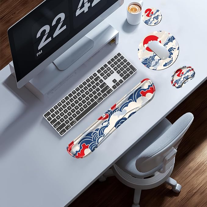 Sea Wave Keyboard Wrist Rest and Mouse Pad with Wrist Support Memory Foam Keyboard Rest Wrist Pad Set for Computer Ergonomic Mousepad Carpal Tunnel Typing Pain Relief Non-Slip Base