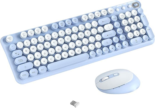 Wireless Keyboard and Mouse Combo, 2.4GHz USB Receiver, Plug and Play, Retro Full Size Typewriter Keyboard and Wireless Mouse for Computer, Laptop, Windows, Mac, and PC (Blue)