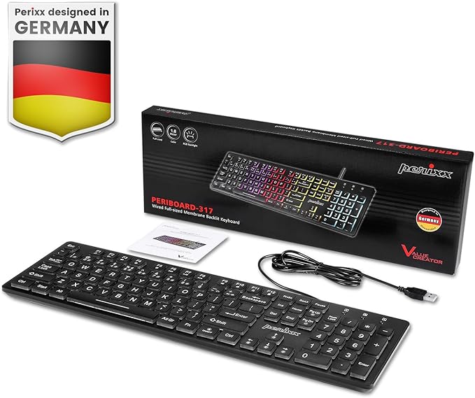 Perixx PERIBOARD-317RGB Wired Backlit USB Keyboard - Big Print Letter with RGB Illuminated LED - US English Layout