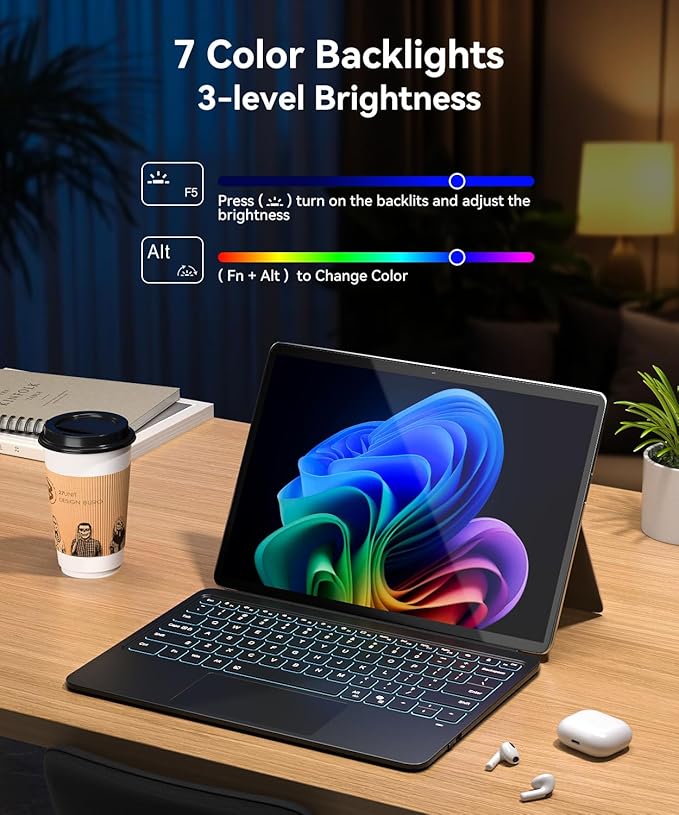 Surface Pro 12 Keyboard for Microsoft Surface Pro 12" Device 2025, 7-Color Backlits Type-Cover Bluetooth Wireless Magnetic Ultra Slim Keyboard with Multi-Touch Trackpad, USB-C Rechargeable Battery