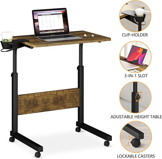 Klvied Standing Desk Adjustable Height, Stand Up Desk with Cup Holder, Portable and Easy to Move Bedside Table, Ideal for Home or Office, Walnut