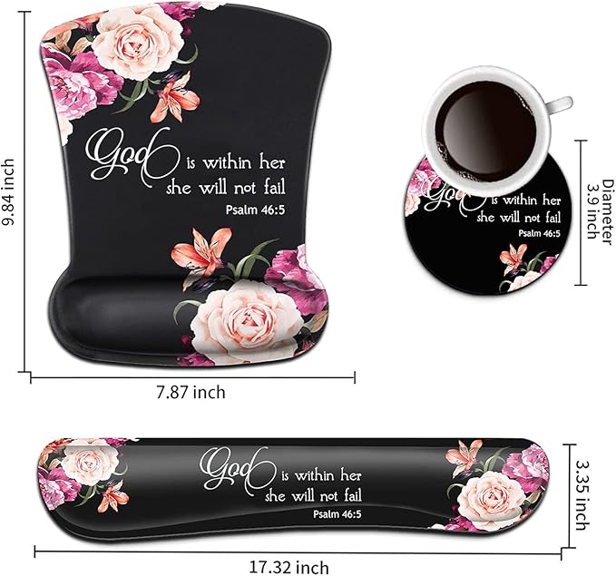 Keyboard Wrist Rest Pad and Ergonomic Mouse Pad Wrist Support Set Psalm 46:5 God is Within Her, She Will Not Fall Peony Flower for Gaming , Office, Comfortable and Pain Relief with Coaster Set