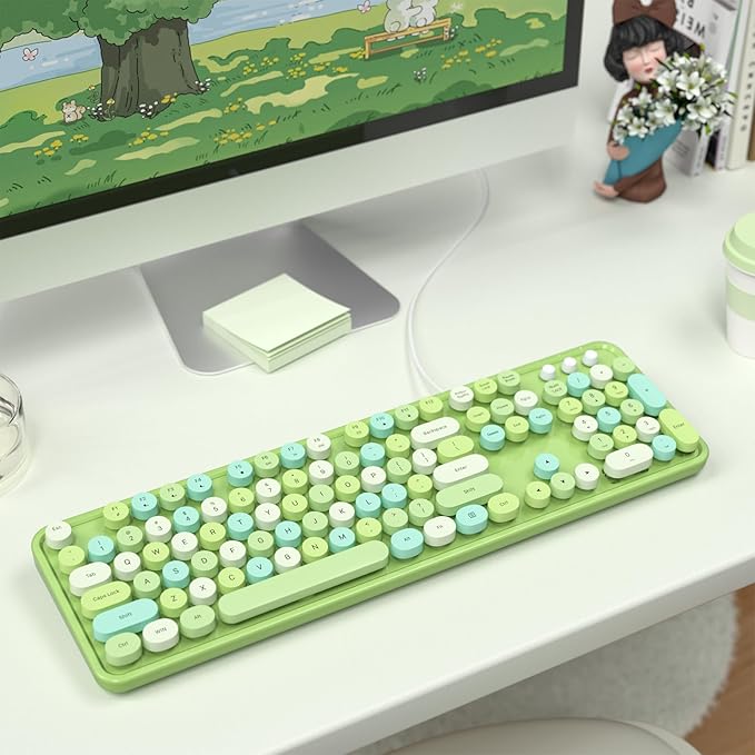 MOFII Wired Keyboard - Full Size USB Plug & Play, Retro Round Typewriter Keyboard with Foldable Stands for Windows PC Laptop (Green Colorful)