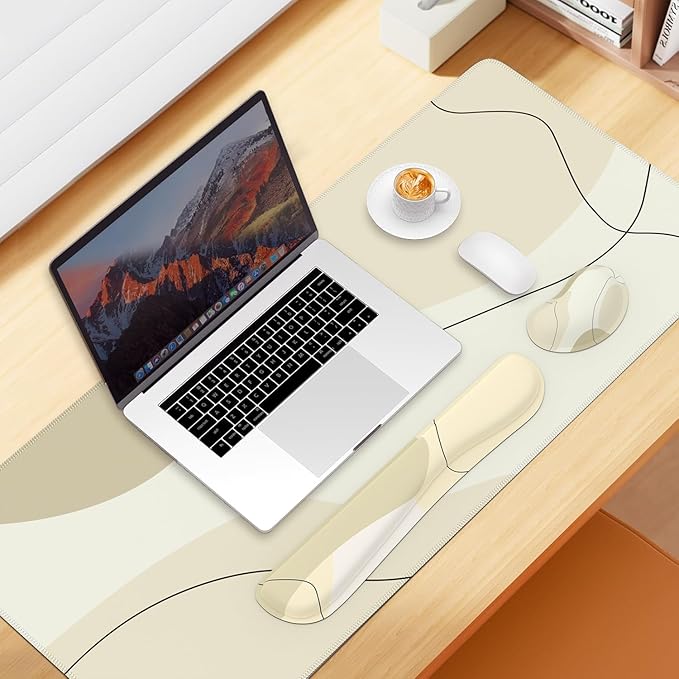 iCasso Extra Large Mouse Pad with Wrist Rest, 3in1 Big Full Desk Mousepad + Keyboard Wrist Rest+Mouse Wrist Rest, Easy Typing Pain Relief, Ergonomic XXL Ultra Thick Long Desk Mat (Brown Art)