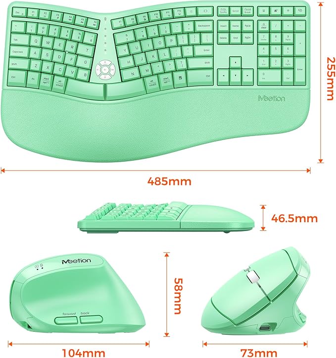 MEETION Ergonomic Keyboard and Mouse, Ergo Wireless Keyboard with Vertical Mouse, Split Curved Keyboard with Wrist Rest, Full Size Natural Typing, Windows/Mac/Computer/Laptop, Green