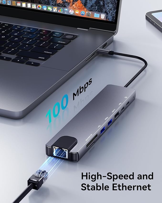 8-in-1 USB C Hub Multiport Adapter, USB C Docking Station for Laptop with 4K@60Hz HDMI, 100W PD Charging, SD/TF Card Reader, USB 3.0 Ports for MacBook Pro/Air, iPad, Windows, School & Office