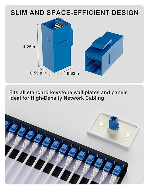RJ45 Coupler Cat6 Keystone Jack 20-Pack, Female to Female UTP Inline Ethernet Network Coupler for Wall Plates & Patch Panels – Blue