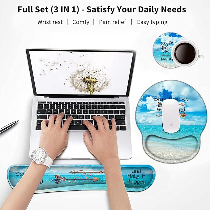 Keyboard Wrist Rest and Mouse Pad with Wrist Support, Ergonomic Gel Mouse Pad Coaster, Easy Typing Pain Relief, Memory Foam Keyboard Mousepad Set,Stay Positive Work Hard Make It Happen