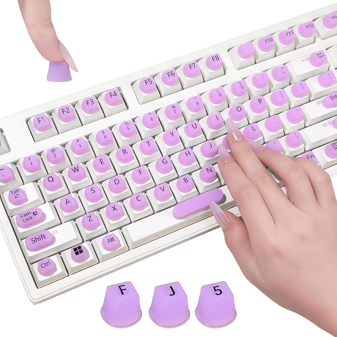 130 Pcs Keyboard Stickers for Long Nails, Ergonomics Raised Keyboard Stickers with Numbers, Self-Adhesive Round-Square PC Keyboard Tabs for Anti-Miss Typing (Purple)