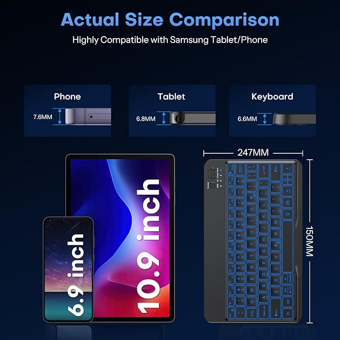 OMOTON Bluetooth Keyboard for Tablet/Android/Windows/iOS, with 7 Colors Backlight Rechargeable Wireless Mini Keyboard for Galaxy Tab A9+ / S9 FE / S10 / S11 / A11 Series etc, Black