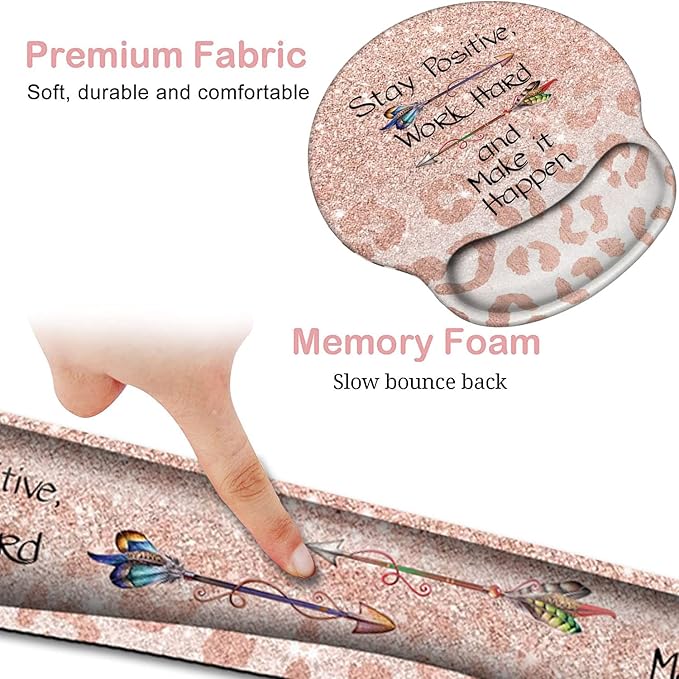Keyboard Wrist Rest and Mouse Pad with Wrist Support, Ergonomic Gel Mouse Pad Coaster Easy Typing Pain Relief,Memory Foam Keyboard Mousepad Set,Stay Positive Work Hard and Make It Happen Leopard