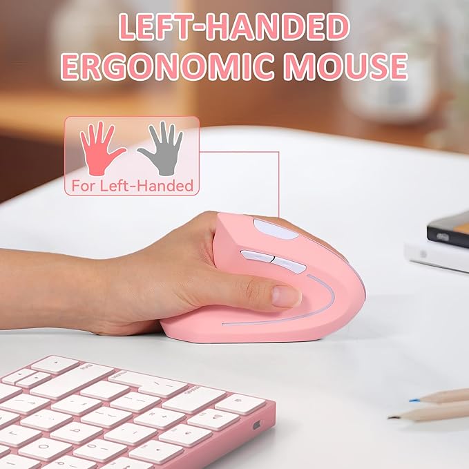 Left Handed Mouse, 2.4G Wireless Left Handed Ergonomic Mouse with 800/1200/1600 Adjustable DPI, 6 Buttons Wireless Vertical Mouse for MacBook/Laptop/PC/Desktop (Pink)