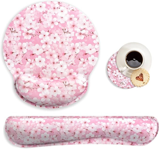Pink Cherry Blossom Mouse Pad with Wrist Rest and Keyboard Wrist Rest Set, Sakura Floral Ergonomic Memory Foam Mouse Pad Set for Women, Girls, Office, School