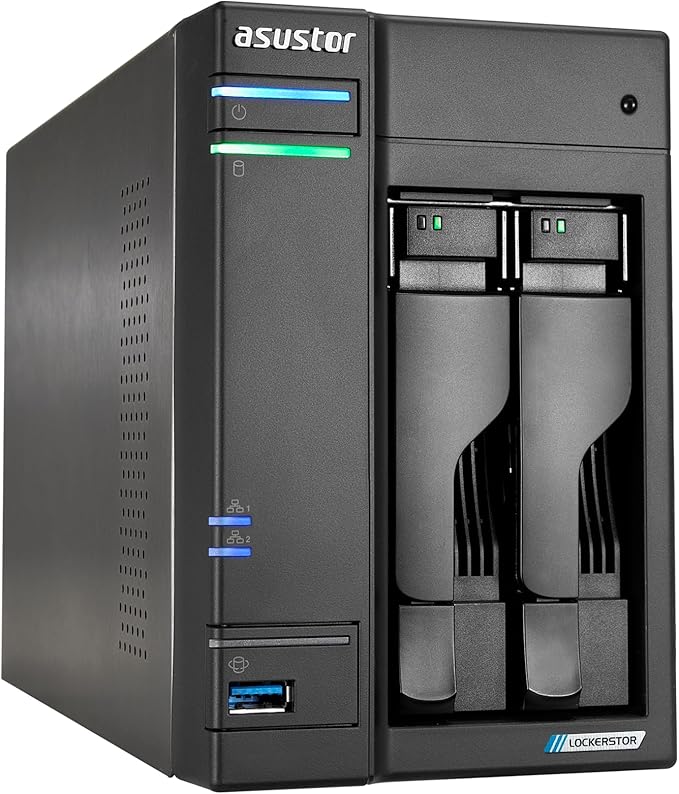 Asustor Lockerstor 2 Gen2+ AS6702T v2 2 Bay NAS Storage, Intel Quad-Core 2.0GHz CPU, Dual 5GbE Ports, 4GB RAM DDR4, 4 M.2 SSD Slots, HDMI, Network Attached Storage (Diskless)