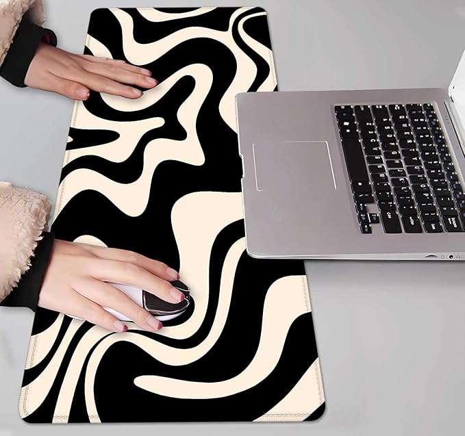 IMAYONDIA Black White Swirl DeskMat, Abstract Ink Liquid Waves Extended Gaming Mouse Pad Large, Retro Abstract Pattern Big Mouse Pad, Long Computer Keyboard Mouse Mat for Home Office Work 31.5x11.8