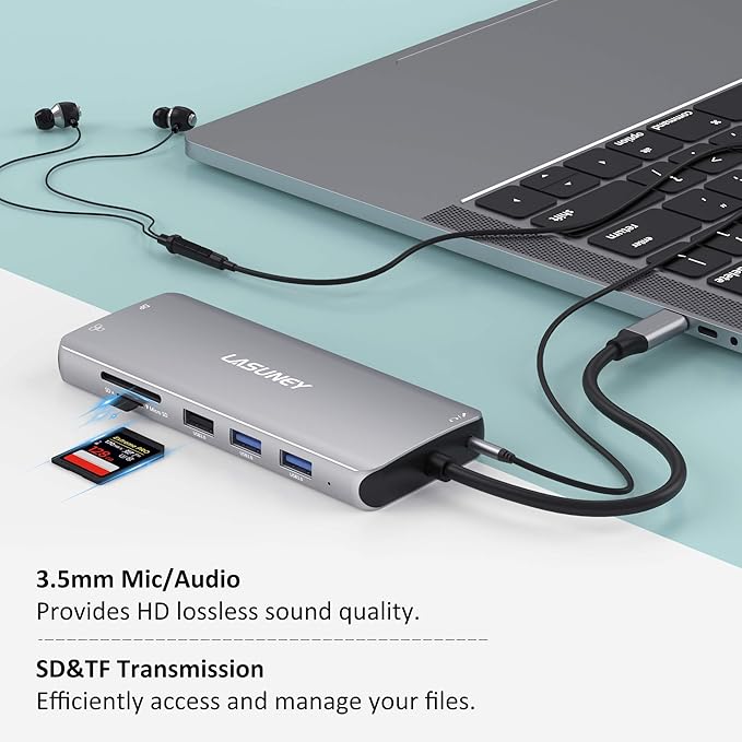 LASUNEY 12-in-1 Hub USB C Laptop Docking Station Dual Monitor, Multiport Adapter Dongle with 2 HDMI, DisplayPort, RJ45, SD/TF, USB C/A Ports, PD, Mic/Audio, Compatible for MacBook Dell HP Lenovo