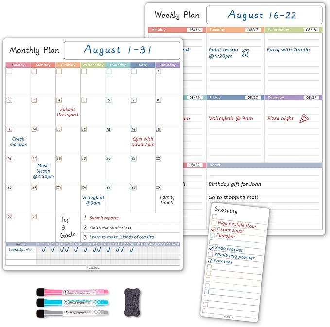 Magnetic Fridge Calendar Whiteboard, Dry Erase Refrigerator Calendar Set (3 Boards) - Magnetic Weekly Calendar for Fridge, Dry Erase Calendar, Grocery List White Board, 3 Markers + Eraser