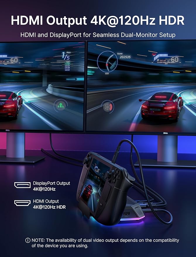 JSAUX RGB Docking Station for Steam Deck (OLED)/ROG Ally/Legion Go, 12-in-1 Handheld Dock with 4K@120Hz HDMI & DisplayPort Gigabit Ethernet USB C 3.2 USB A 3.2/2.0, SD/TF Slots 3.5mm Jack-HB1201S