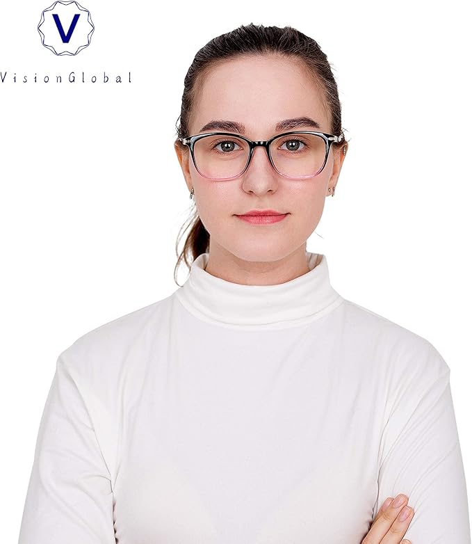 VisionGlobal Blue Light Blocking Glasses for Women Men, Stylish Square Frame (Black Purple,No Magnification)