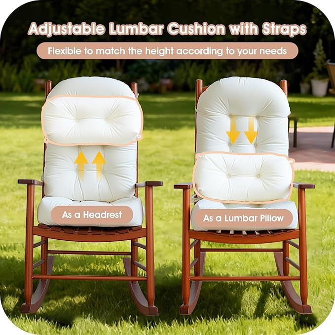 Rocking Chair Cushion Indoor Large Chair Pads Set with Ties Extra Lumbar Pillow Premium Dutch Velvet High Resilience Filler Non-Slip Bottom, Beige