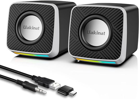 PC Speakers 2"–6W Carbon Fiber Computer Speaker for Desktop or Laptop PC,USB C/USB-Powered,Crystal Clear Sound,Rich Bass,Loud Volume,Direct Control,Plug-N-Play,Black-Silver