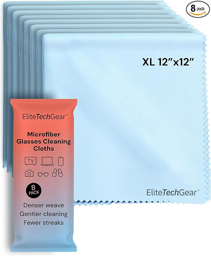 Elite Screens Microfiber Cleaning Cloth - 12" x 12", Blue, 8-Pack - Oversized for Lens Coverage & Glasses Wipes - Scratch-Free Electronic Cleaning Cloth for Screens