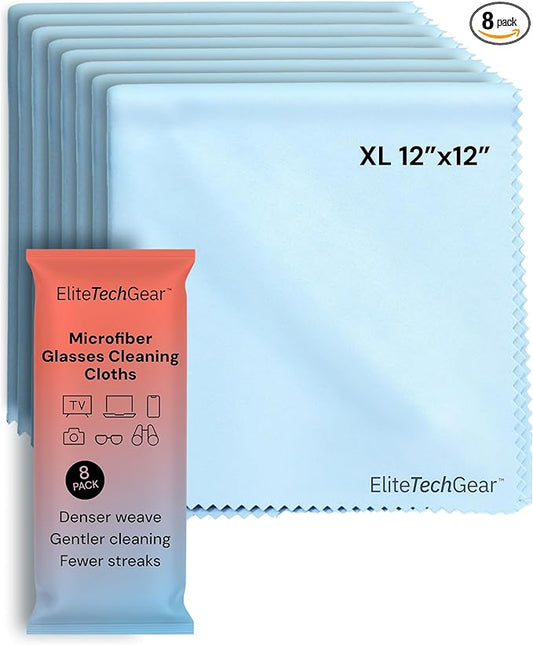 Elite Screens Microfiber Cleaning Cloth - 12" x 12", Blue, 8-Pack - Oversized for Lens Coverage & Glasses Wipes - Scratch-Free Electronic Cleaning Cloth for Screens