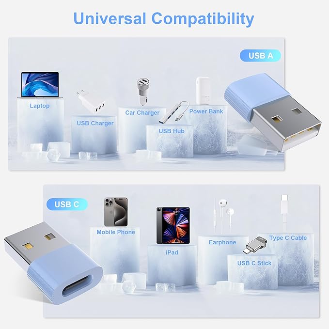 USB to USB C Adapter,3Pack USBC Female to USB A Male with Convenient Carrier, Type C Converter for iPhone 17/16/15/14/13/12, iPad, iWatch, AirPods,Galaxy S25/S24 (Blue)