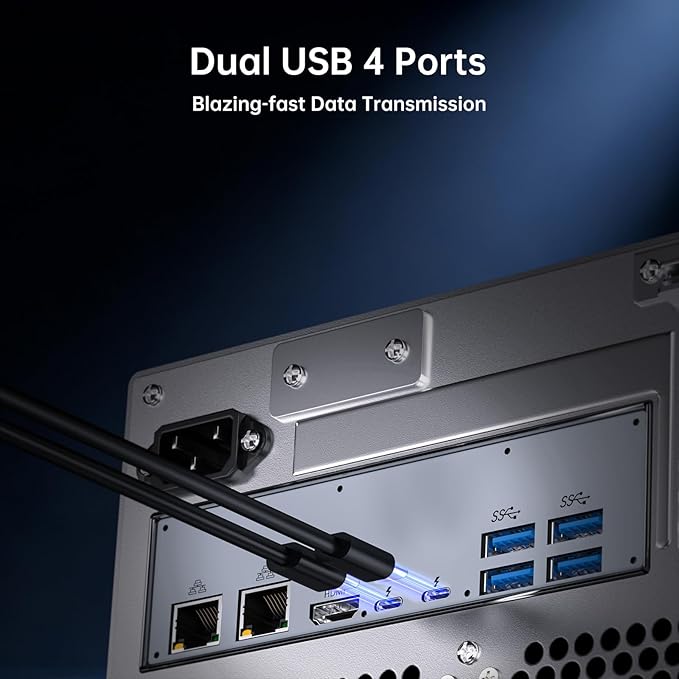 Thdeukoty Desktop NAS 8-Bay, Ultra 9 285H AI CPU, 32GB LPDDR5 8400Mhz RAM, 2 x 10GbE, 2 x M.2 NVMe Slots, HD/DP, PCIe 4.0 x 8 Slot, USB 4, Support Dual System Network Attached Storage (Diskless)