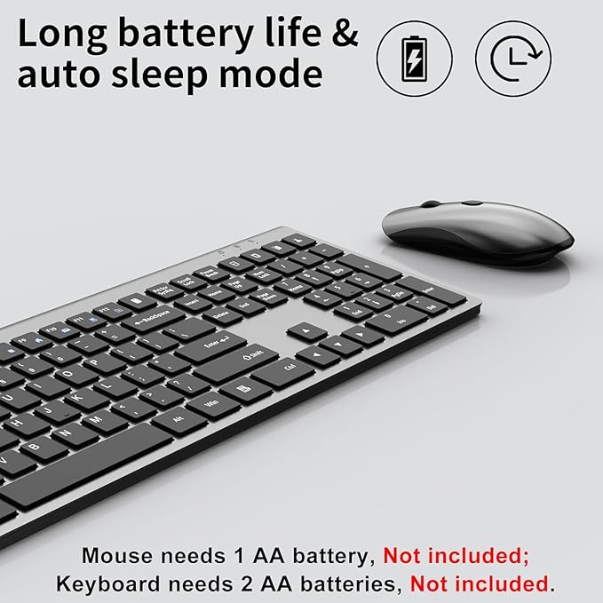 Wireless Mouse and Keyboard Combo, Silent Full-Size Computer Keyboard with Calculator Button, 2400 DPI Mouse, Quiet Click, Slim Cordless USB Set for Laptop PC Windows Mac - Space Grey（2 Pack）