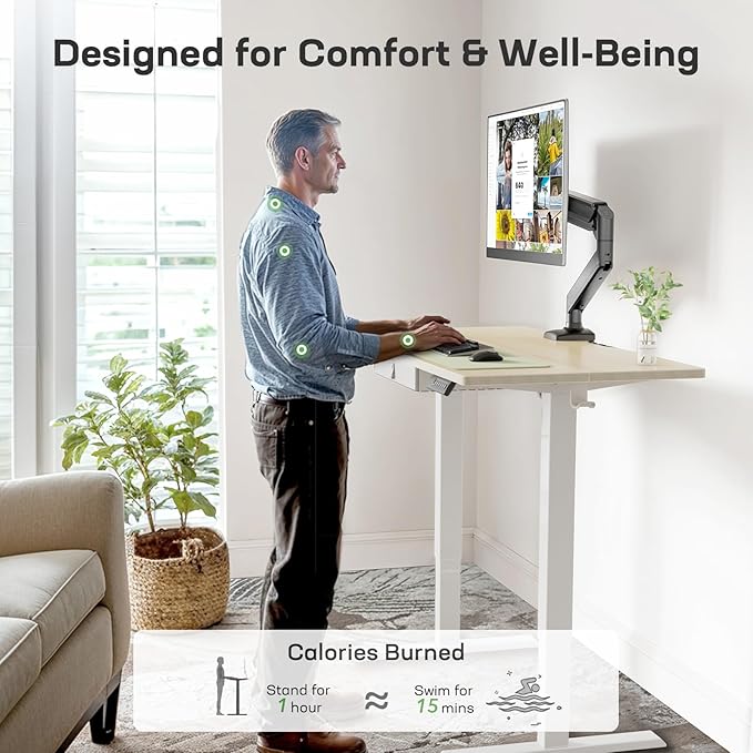 Marsail 48x24 Electric Standing Desk with Drawer, Computer Desk, Sit Stand Office Table with Storage & Hooks & Cable Management, Ergonomic Height Adjustable Table for Home Office, Maple