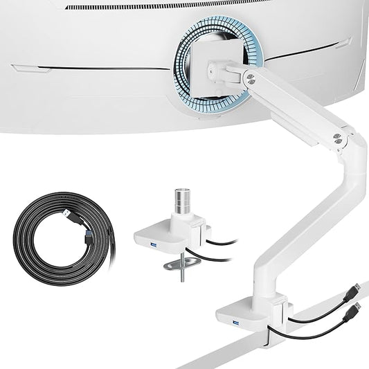 ARES WING Ultrawide Monitor Arms White with USB A/C, Heavy Duty Monitor Arm for 17 to 49 inch Screen, Holds 44 lbs, Adjustable Gas Spring Desk Mount with Clamp and Grommet Base