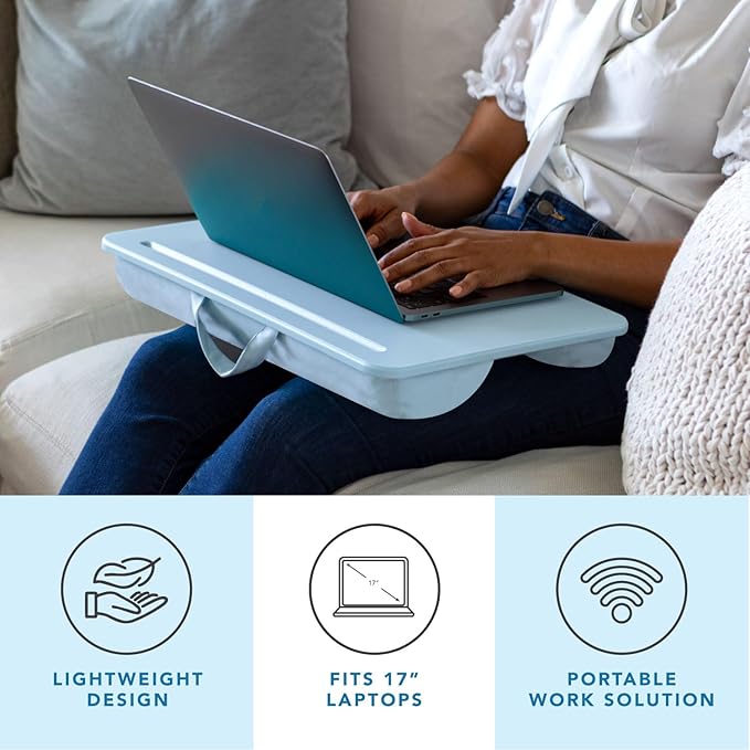 LAPGEAR Original Lap Desk – Large (17.9” x 13”) | Fits Up to 17.3” Laptops | Cushioned with Device Ledge, Pencil Tray & Handle | Portable & Lightweight | Sky Blue – Style No. 45153