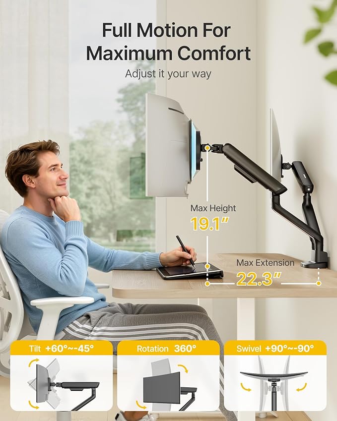 monTEK Dual Monitor Arm with USB, Mechanical Spring Monitor Arm for 17-35" Screens, Adjustable Monitor Desk Mount Each Holds up to 26.4 lbs with C Clamp/Grommet Desk Mount, VESA 75/100mm