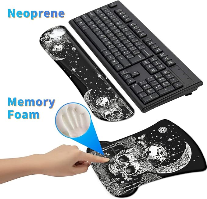 Ergonomic Mouse Pad with Wrist Support Gel Mouse Pads and Upgrade Keyboard Wrist Rest Pad Set, Coasters Non-Slip PU Base Mouse Mat for Office Gaming Computer Laptop Home, Skull Moon Butterfly