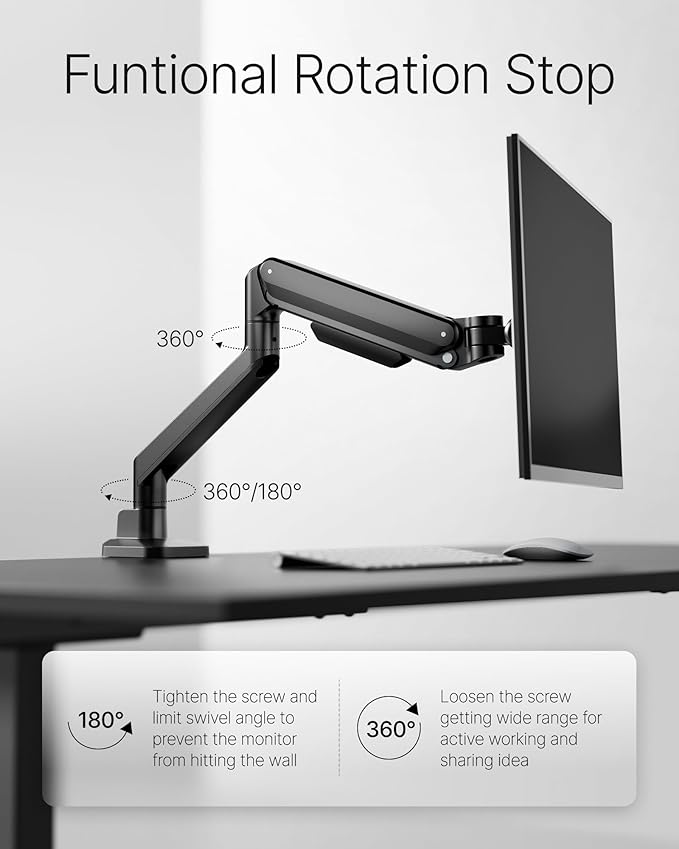 monTEK Deluxe Monitor Arm for 17 to 40 Inch Curved Screens with Cable Management Aluminum Fully Adjustable Single Monitor Arm with Clamp/Grommet, Quick Release Plate,75x75/100x100 VESA