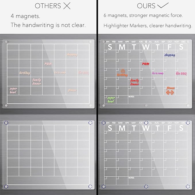 Acrylic Magnetic Dry Erase Board Calendar for Fridge, Clear Monthly and Weekly Planner Whiteboard for Refrigerator, w/ 8 Colors Markers, 15"x11"