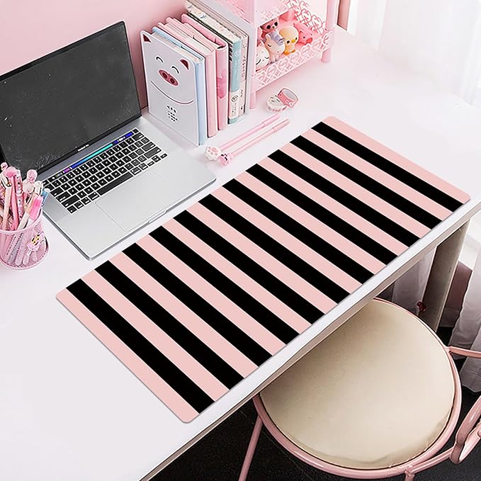 EOBTAIN Pink and Black Large Mouse Pad Vertical Striped Keyboard Mat 31.5x15.7 Inch Smooth Non-Slip Rubber XXL Gaming Mousepad Extended Desk Mat Cute Desk Accessories for Office Home